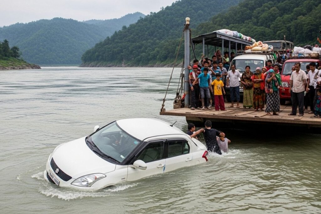 Assam Man Escapes Unhurt After Car Plunges Into Subansiri River While Boarding Juli Ghat Ferry