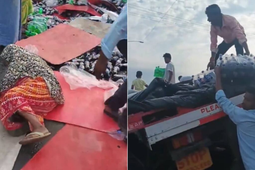 Nellore Chaos: Cold Drink Truck Flips, Frantic Crowd Jostles For Bottles — Injured Driver's Pleas Ignored!